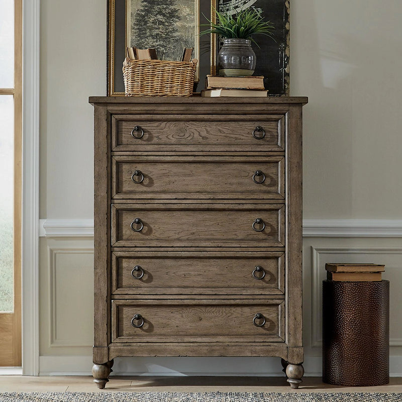 Americana Farmhouse 5 Drawer Chest in Dusty Taupe and Black image