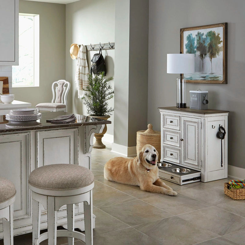Magnolia Manor Pet Feeder Cabinet in Antique White & Weathered Bark EST SHIP TIME APPX 4 WEEKS image